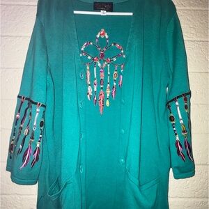 Bob Mackie Wearable Art Teal Green with Embroidery Native Indigenous Cardigan